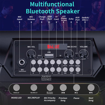 Portable Speaker, 20W Stereo Sound New Party Speaker with Microphone and Colorful Lights, 12H Playing Time Bluetooth Speaker for Home Outdoor and Travel