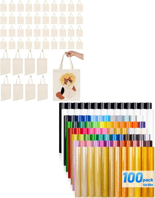 Lzerking Complete DIY Bundle - 50 Pack 13X15 Blank Canvas Tote Bags + 63 Color Heat Transfer Vinyl Sheets (12"X10") for Cricut/Silhouette