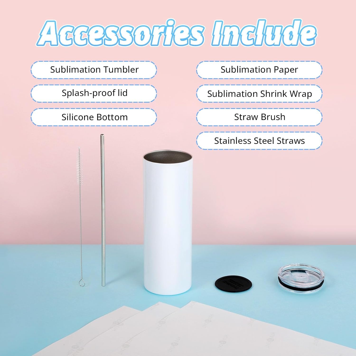 Sublimation Tumblers 12 PCS - 20 OZ Sublimation Tumbler Blanks with Sublimation Paper/Shrink Wrap Films/Heat Tape/Straws/Straw Brush - Sublimation Blanks Products for Gift/Diy Craft