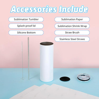 Sublimation Tumblers 12 PCS - 20 OZ Sublimation Tumbler Blanks with Sublimation Paper/Shrink Wrap Films/Heat Tape/Straws/Straw Brush - Sublimation Blanks Products for Gift/Diy Craft