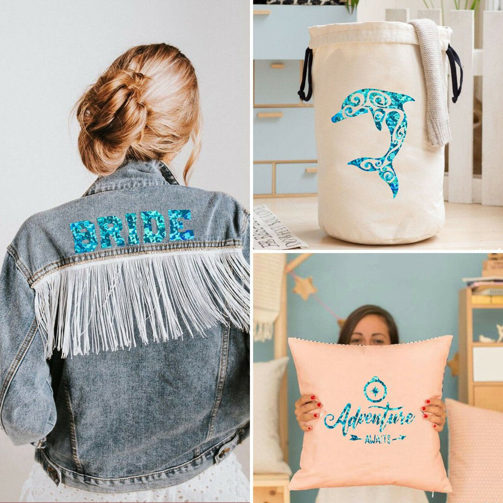 12" X 10 FT Crystal Blue Holographic Heat Transfer Vinyl HTV T-Shirt for Cricut