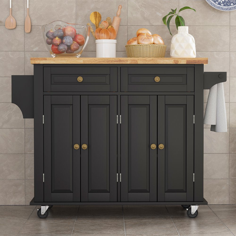 Rolling Kitchen Island, Kitchen Cart with Rubber Wood Countertop, Lockable Casters, Adjustable Shelves, Matte(Black-43.3"X17.7"X32.5")