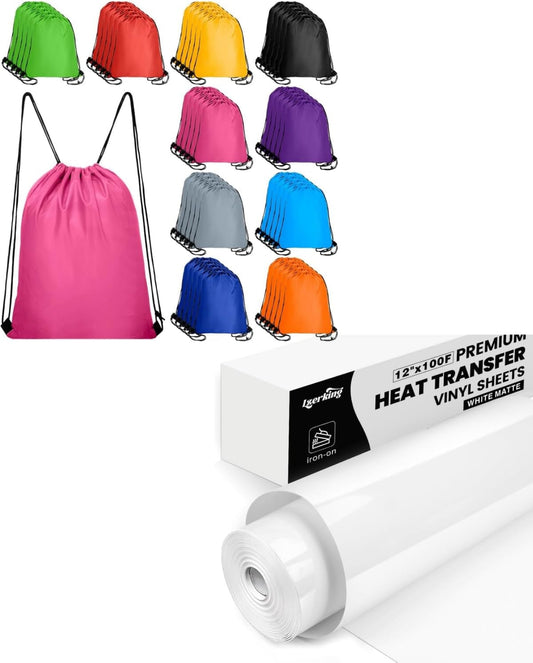 Lzerking Customization Bundle: White HTV Vinyl Roll 100Ft + 50 Drawstring Backpacks