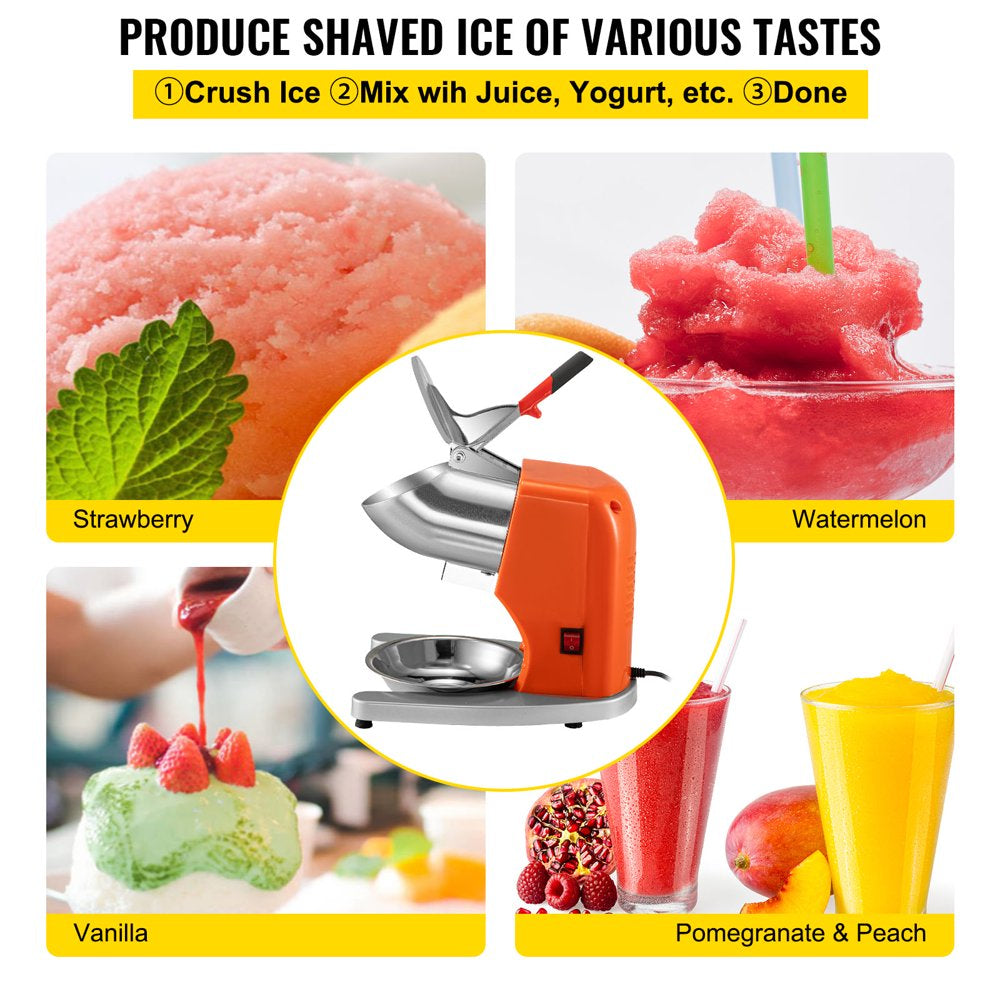 brand Electric Ice Shaver Crusher Snow Cone Maker Machine with 4 Stainless Steel Blades 220LB/H Shaved Ice Machine 300W 1450 RPM for Home and Commercial Use Orange