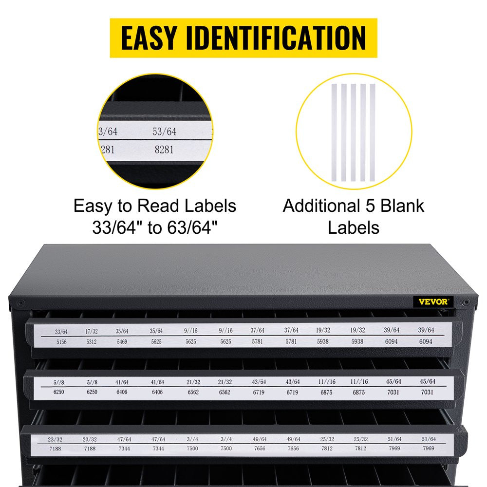 Drill Bit Dispenser Cabinet, Five-Drawer Drill Bit Dispenser, 1/2" Reduced Shank Drill Bit Organizer Cabinet, Drill Dispenser Organizer Cabinet for Sizes 33/64" to 63/64" in 1/64" Increments