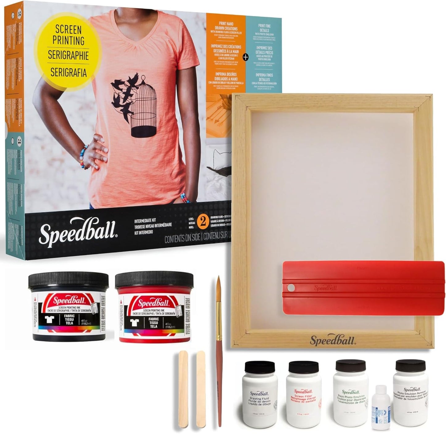 Intermediate Screen Printing Kit - Make Your Own Custom T-Shirt Prints - 2 Fabric Inks, Silk Screen Frame, Drawing Fluid, Squeegee, Instructions - Made in USA
