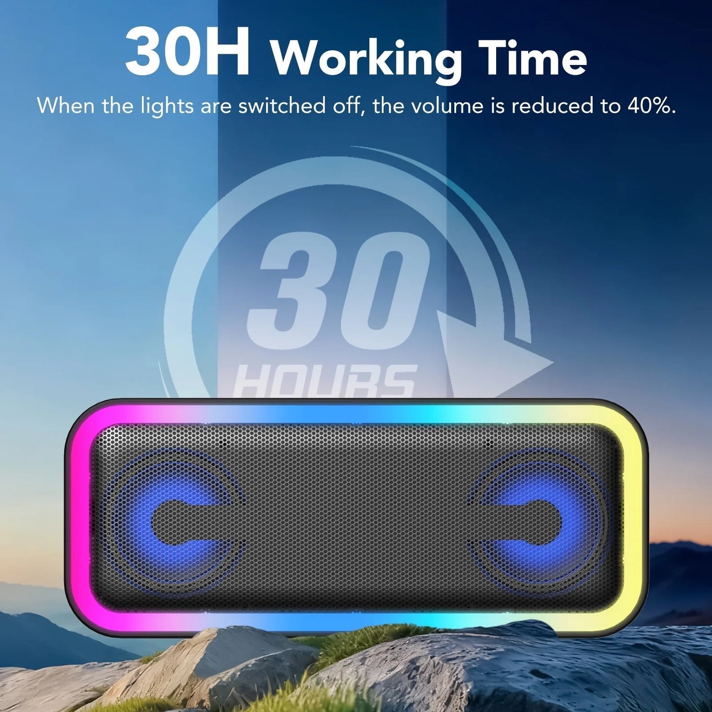 Portable Bluetooth Speaker IP7 Waterproof, 40W Loud Sound Wireless Ultra Bluetooth Speaker, 30H Playtime, Deep Bass, Colorful LED Lights, BT5.4, Suitable for Home/Party/Outdoor/Beach/Gift Black