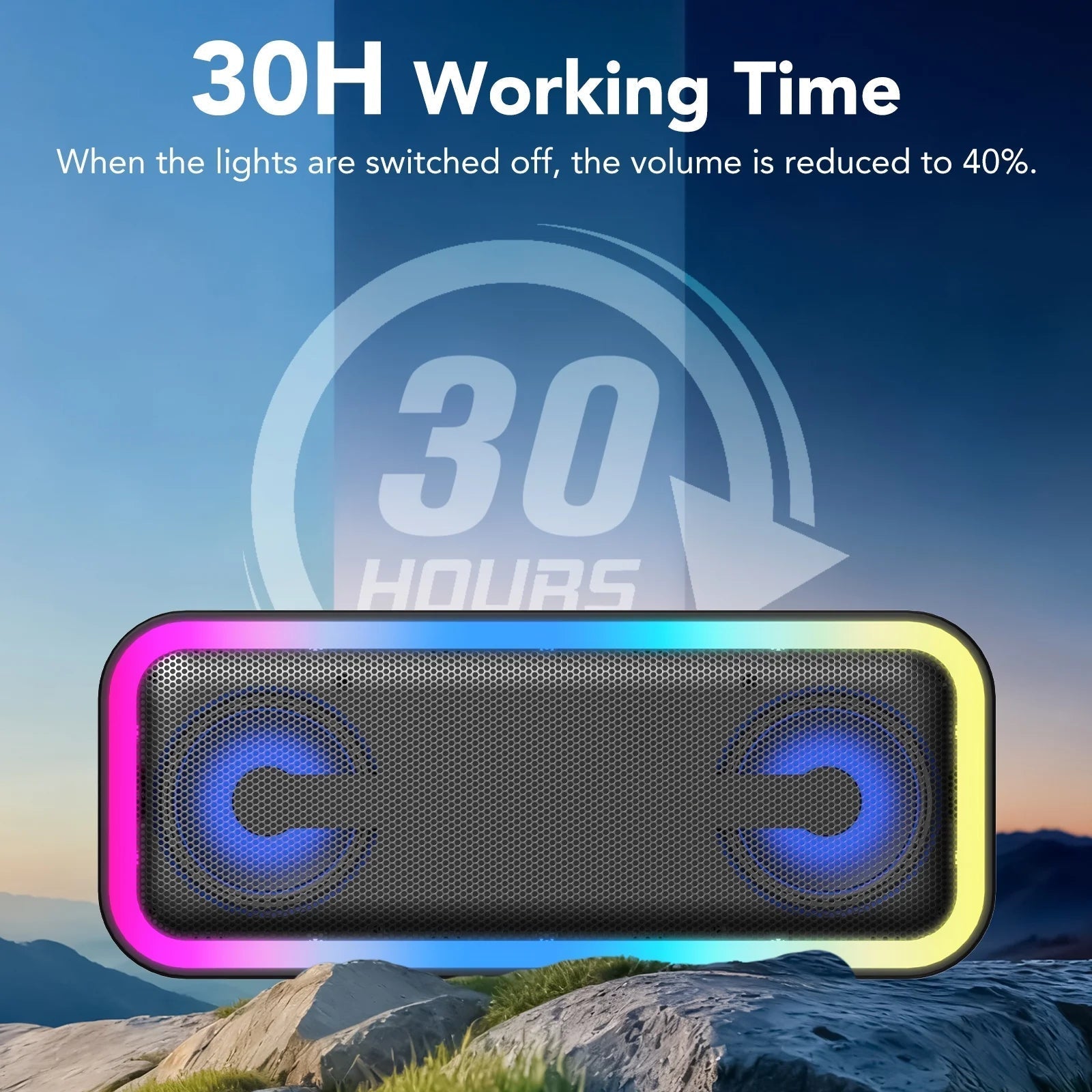 Portable Bluetooth Speaker IP7 Waterproof, 40W Loud Sound Wireless Ultra Bluetooth Speaker, 30H Playtime, Deep Bass, Colorful LED Lights, BT5.4, Suitable for Home/Party/Outdoor/Beach/Gift Black
