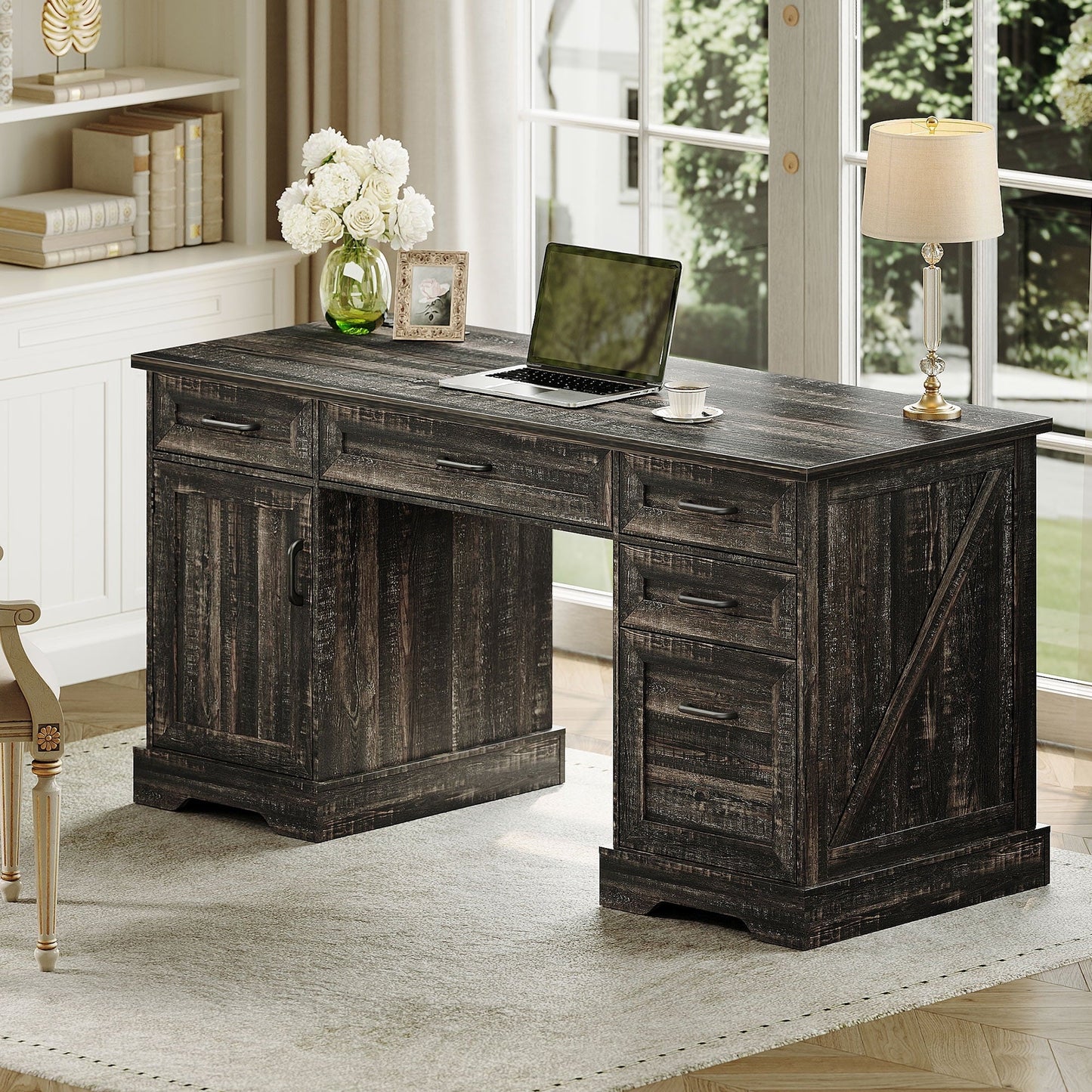 Home Office Desk with File Cabinet and Drawers, 59" Executive Desk with USB Power Outlet, Storage Cabinet for CPU, Workstation Table for Study, Dark Oak
