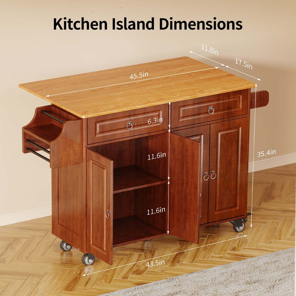 Kitchen Islands with Storage, Kitchen Island Cart with Wood Drop Leaf and Lockable Wheels, Brown