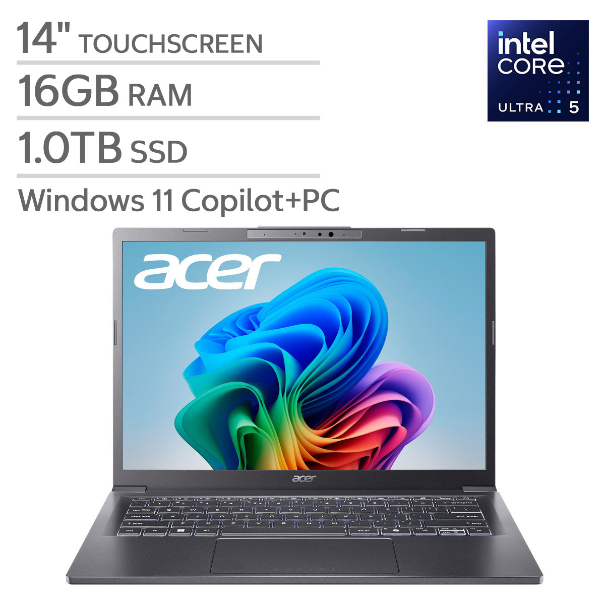 Acer Aspire 14" AI Copilot+ PC - Intel Core Ultra 5 226V – WUXGA (1920 X 1200) Touchscreen Display - 16GB RAM - 1TB SSD - Windows 11 Home – Steel Gray