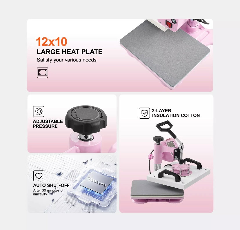 VEVOR Heat Press Machine 2IN1 12x10 inch with Hat Press for T-Shirts Caps Pink