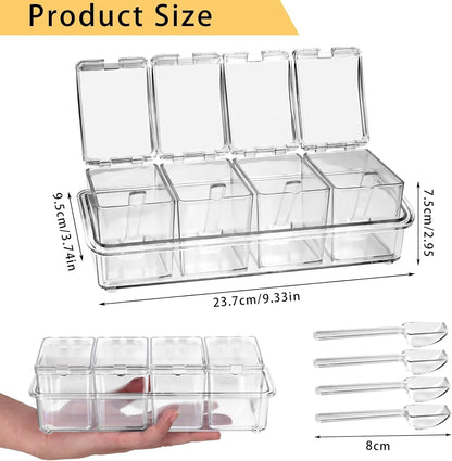 Clear Seasoning Box, 4 Pieces Seasoning Rack Spice Pots, Storage Container Condiment Jars Acrylic with Cover and Spoon for Sugar Salt Cardamon Cinnamon Tea Herbal (Basic Clear)