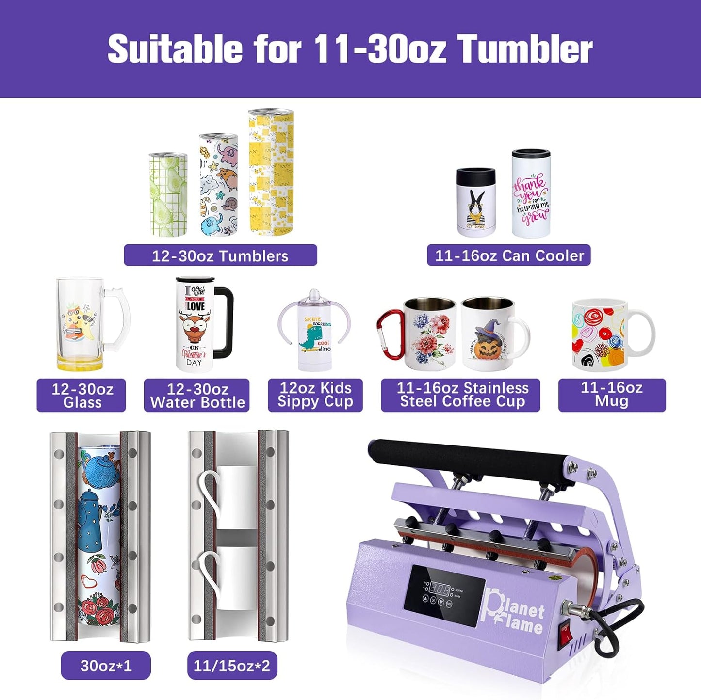 Tumbler and Hat Heat Press Machine, 2-In-1 Combo Machine for Cup and Cap with Gloves and High Temp Heat Resistant Tape for 11Oz-30Oz Sublimation Tumbler and All Caps, Purple