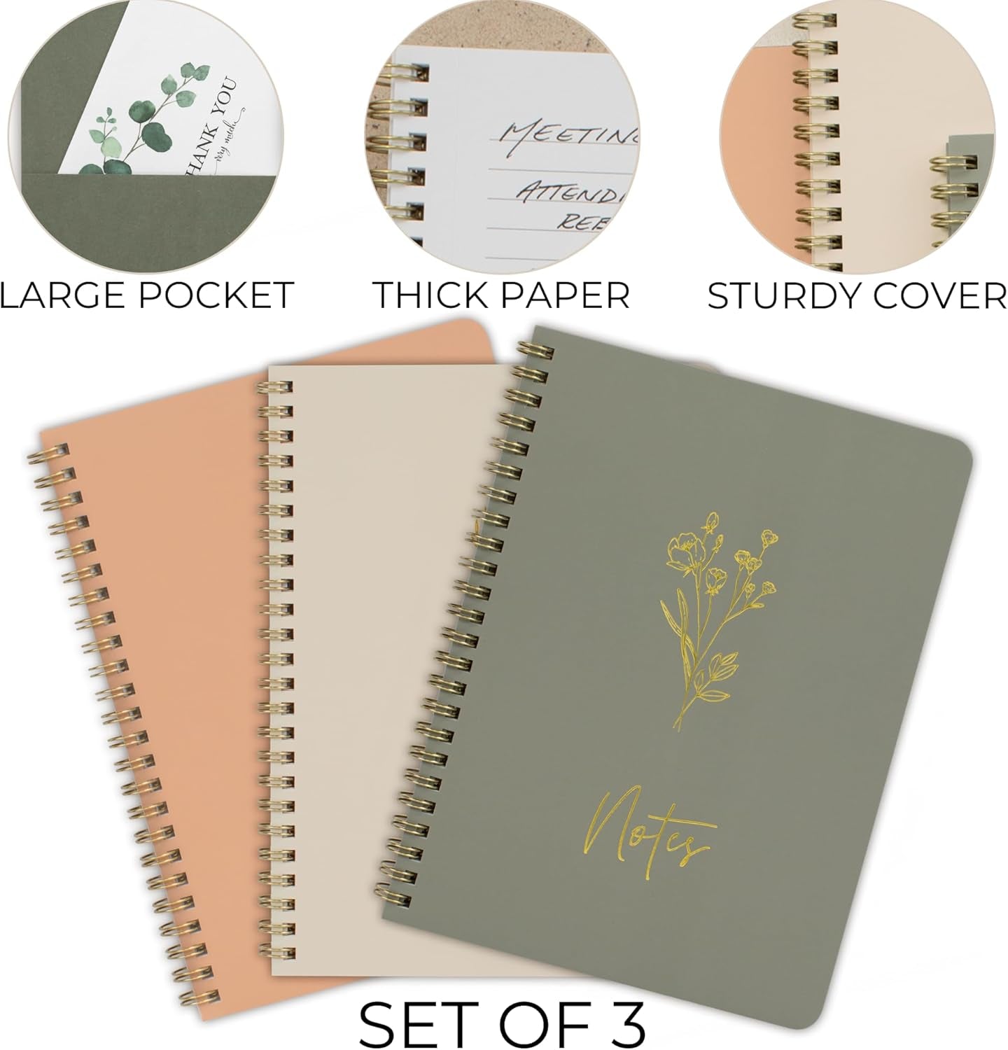 ZICOTO Aesthetic Spiral Notebook Set of 3 for Women - Cute College Ruled 8X6 Journal/Notebook with Large Pockets and Lined Pages - Perfect Supplies to Stay Organized at Work or School