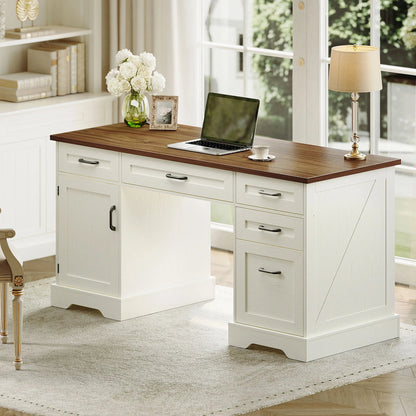 Home Office Desk with File Cabinet and Drawers, 59" Executive Desk with USB Power Outlet, Storage Cabinet for CPU, Workstation Table for Study, Walnut & Warm White