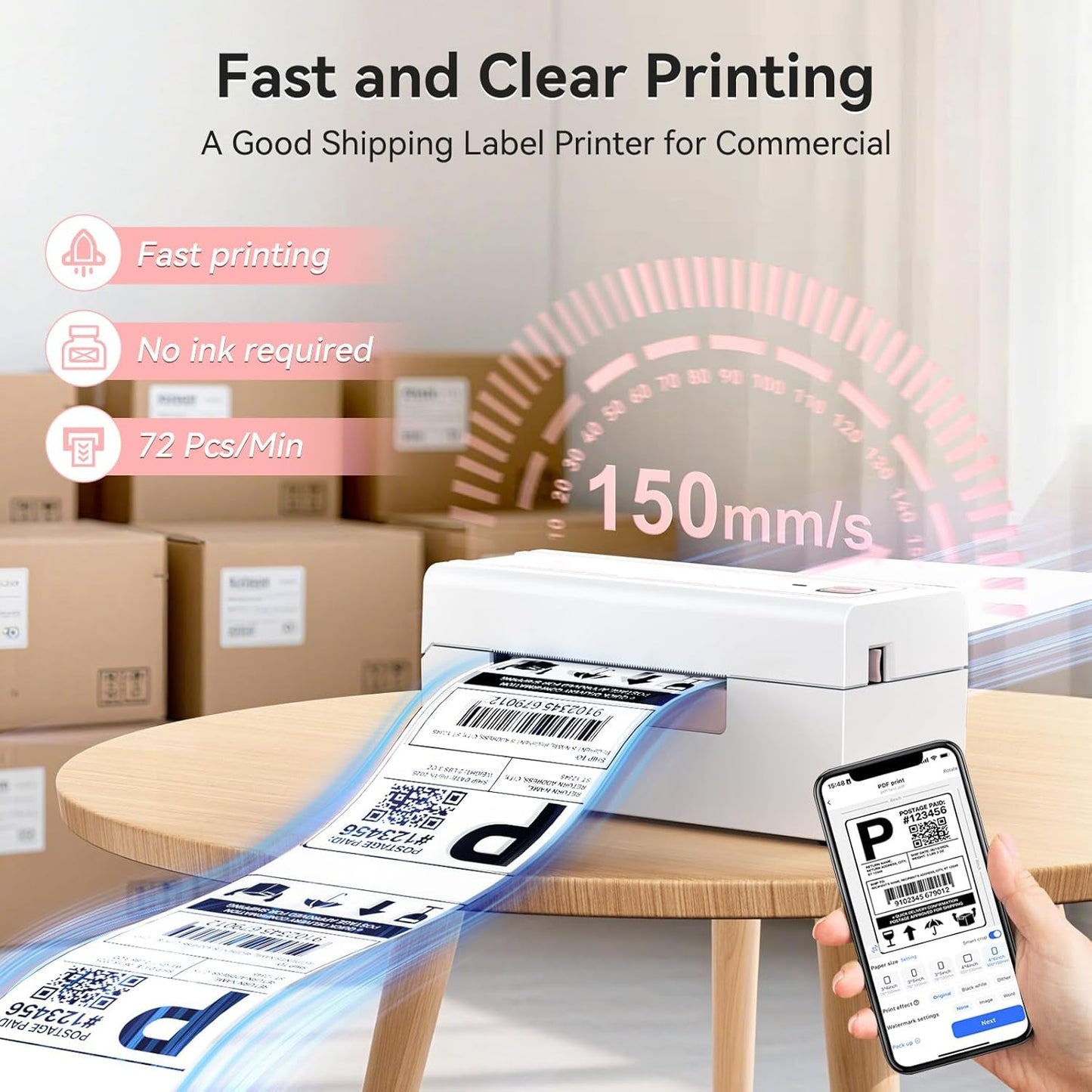 Bluetooth Thermal Label Printer, Wireless 4X6 Shipping Label Printer for Small Business & Shipping Packages, Support Iphone, Android, Windows, Macos, Work for Amazon, Ebay, Shopify, Etsy, USPS