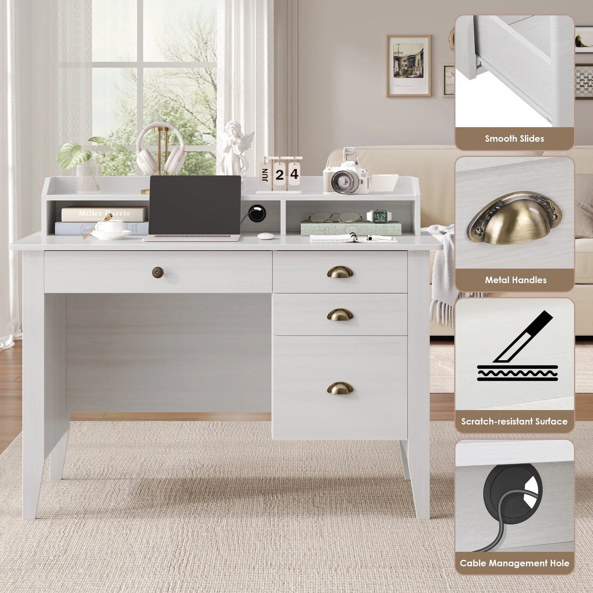 47 in Computer Desk, Home Office Writing Table with 4 Drawers and Hutch Shelf, Oak White