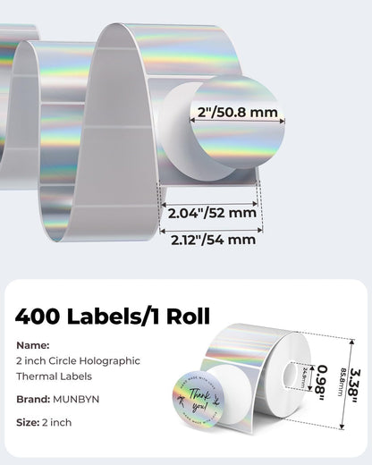 MUNBYN 2" Circle Holographic Thermal Labels, round Printable Rainbow Glitter Thermal Printer Sticker Labels for Gift Wrapping, Self-Adhesive Name Price Tag DIY Custom Logo Design, 400 Sheets/1 Roll