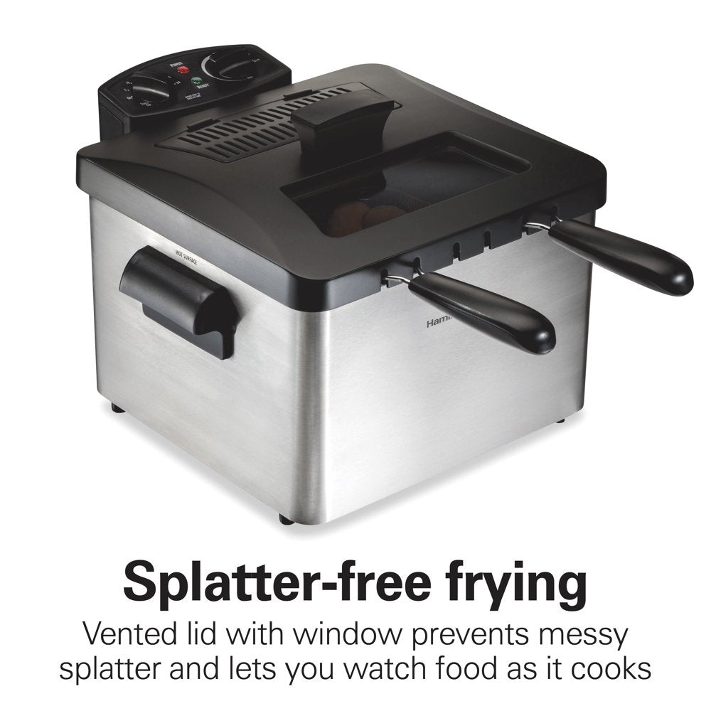 Professional-Style Deep Fryer with 2 Frying Baskets, 4.7 Quart or 19 Cup Oil Capacity, Lid with View Window, Stainless Steel, 35036
