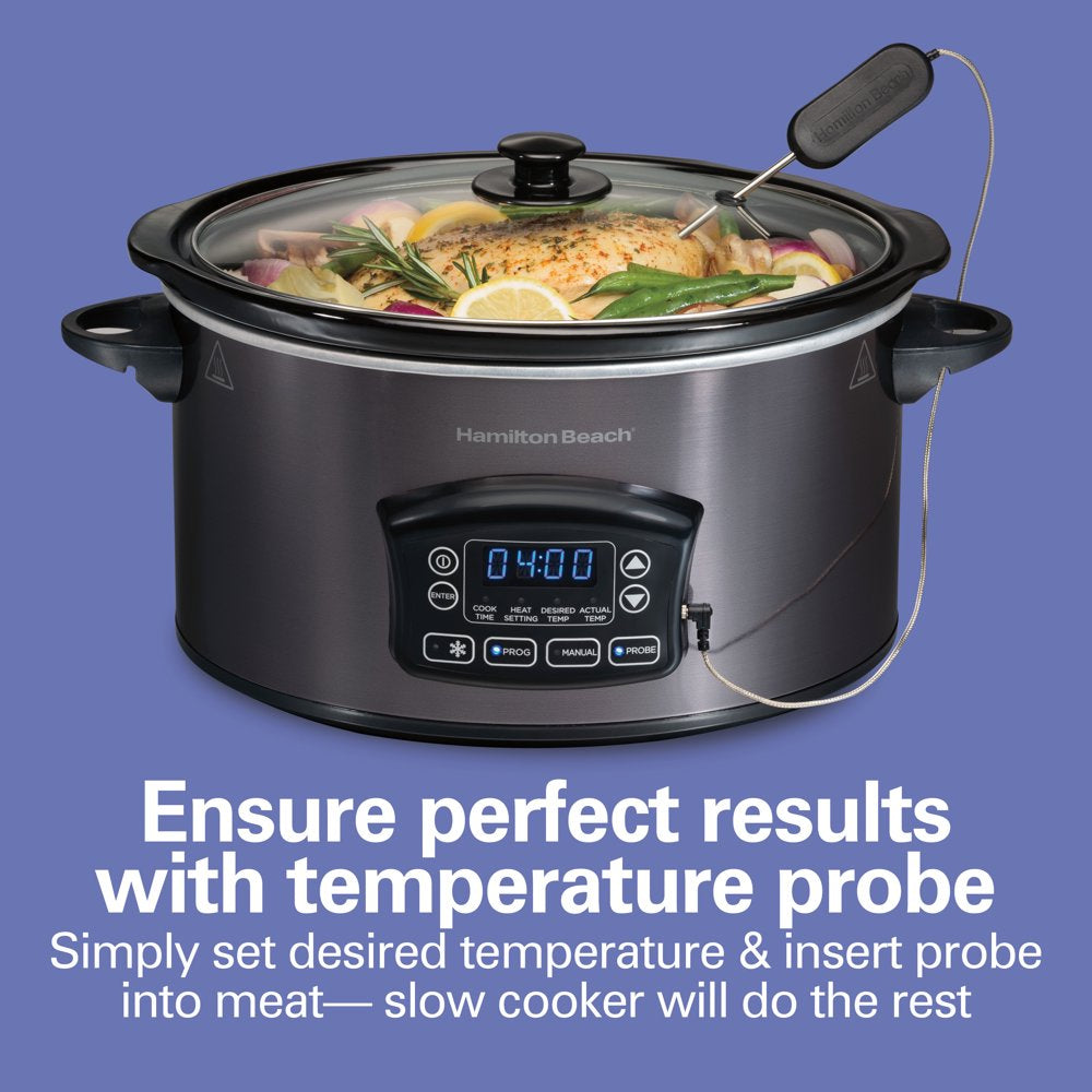 Programmable Defrost Slow Cooker, 6 Quart Capacity, Temperature Probe, Removable Crock, Black, 33768