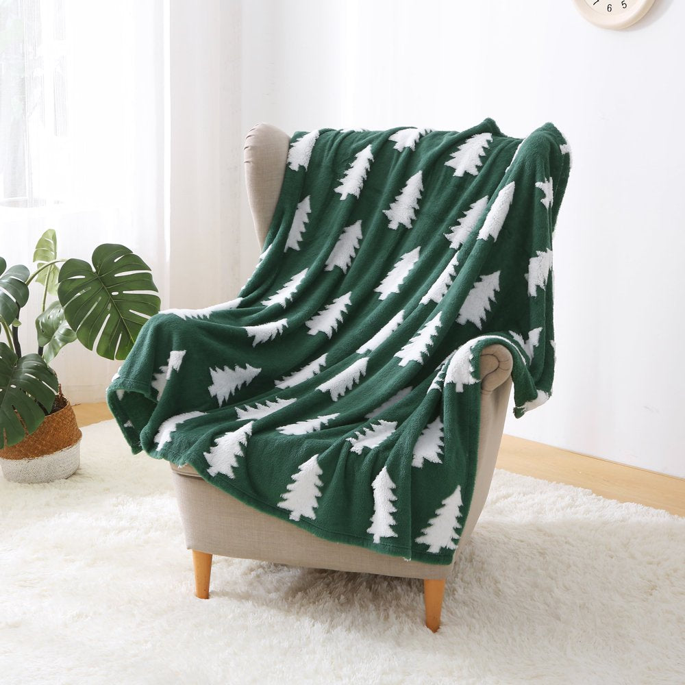 Green Pine Tree Sherpa Throw Blanket, 50"X60"