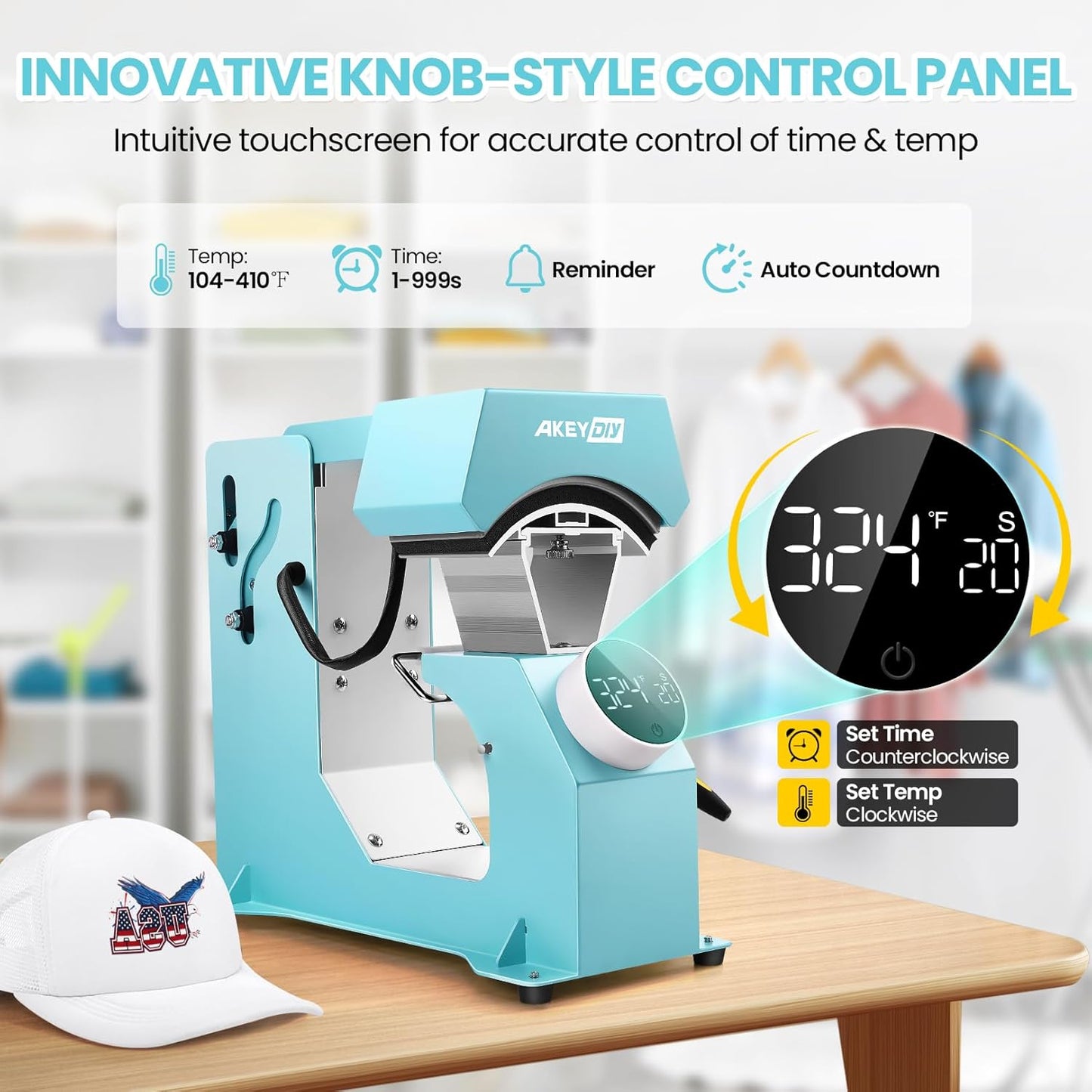 AKEYDIY 3-In-1 Auto Cap Heat Press Machine, Hat Heat Press with 3Pcs Replaceable Heating Pads, Automatic Release&Press Knob-Style Digital Control Panel, DIY Sublimation Caps T-Shirts Bags