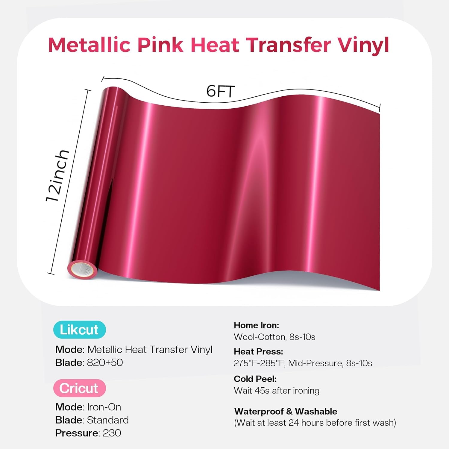 Likcut Metallic Pink Heat Transfer Vinyl for T-Shirts 12" X 6Ft Iron on Vinyl Roll Compatible with All Cutter Machine, HTV Heat Press Vinyl-Easy to Cut & Weed for Fabric Design