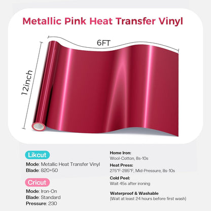 Likcut Metallic Pink Heat Transfer Vinyl for T-Shirts 12" X 6Ft Iron on Vinyl Roll Compatible with All Cutter Machine, HTV Heat Press Vinyl-Easy to Cut & Weed for Fabric Design