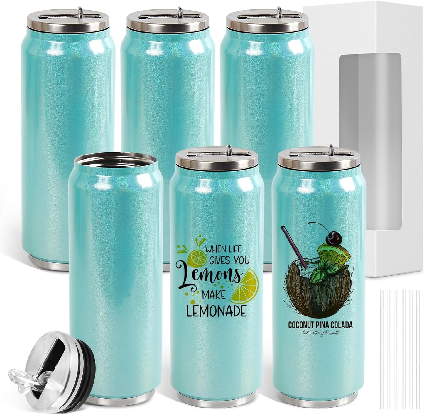 Colorsub 17 Oz Sublimation Glitter Tumblers Cans, Stainless Steel Sublimation Blanks Tumblers, Double Wall Insulated Cups Set with Lid, Straw, Gift Box, 6 Pack Teal