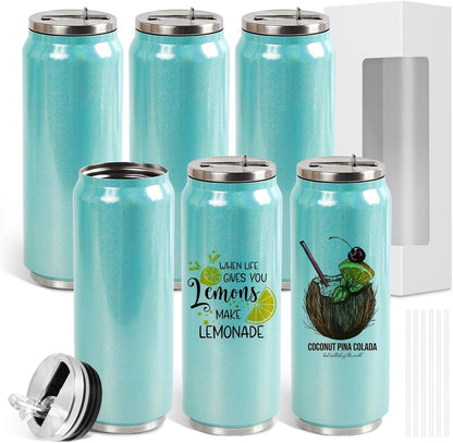 Colorsub 17 Oz Sublimation Glitter Tumblers Cans, Stainless Steel Sublimation Blanks Tumblers, Double Wall Insulated Cups Set with Lid, Straw, Gift Box, 6 Pack Teal