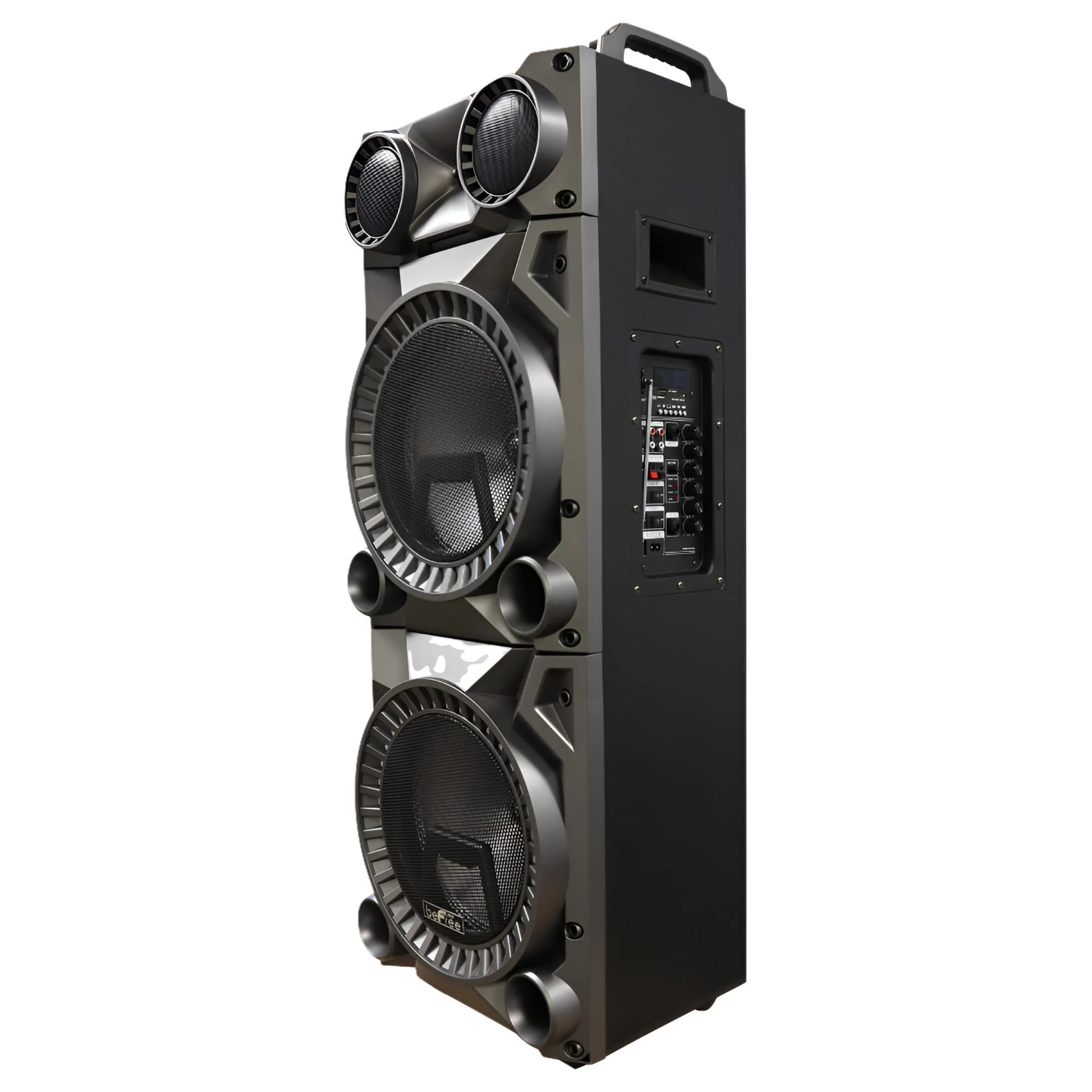 Rechargeable Bluetooth 12Inch Double Subwoofer Portable Party Speaker with Dual Layer Reactive Party Lights, USB, SD and AUX Inputs with FM Radio