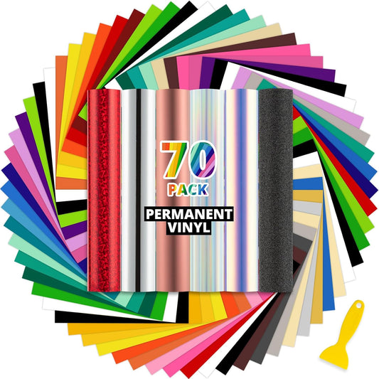 70 Permanent Vinyl Sheets - Multi Color 12 X 12 Inches Permanent Adhesive Vinyl Sheets, Permanent Vinyl Bundle for Craft Projects, Party Decor