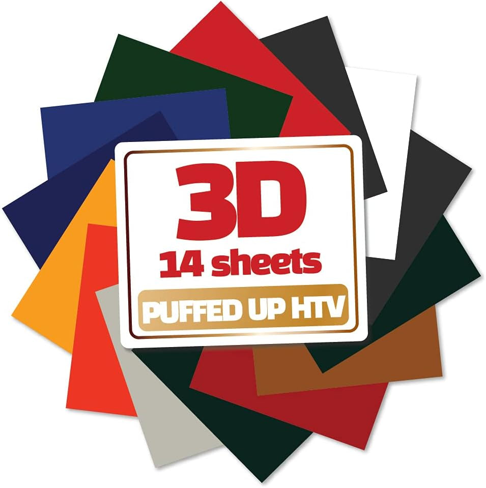 3D Puff Vinyl Heat Transfer 10" X 12" - 14 Sheets Foaming HTV Assorted Colors Bundle/Variety Pack, Adhesive Vinyl, Iron-On Transfer, Heat Press with Cricut Silhouette Cameo