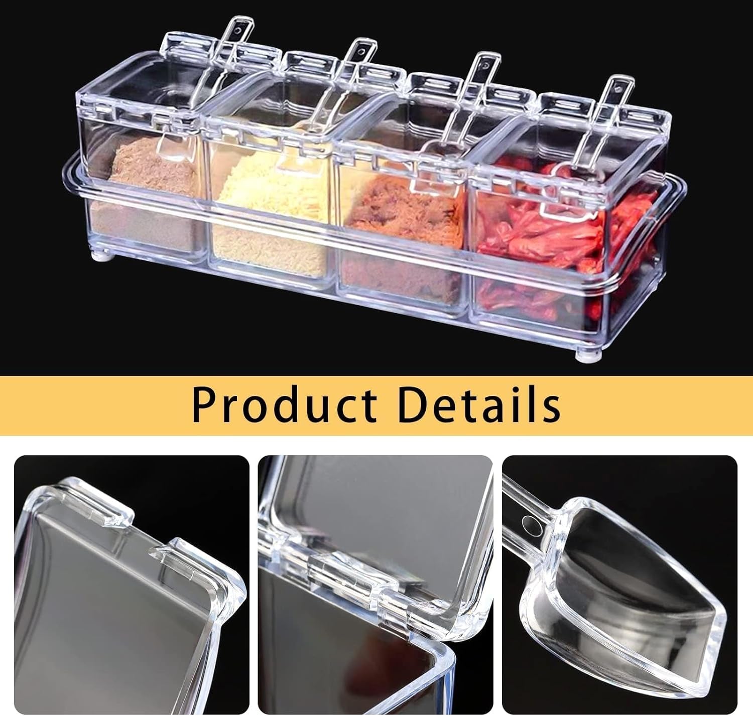 Clear Seasoning Box, 4 Pieces Seasoning Rack Spice Pots, Storage Container Condiment Jars Acrylic with Cover and Spoon for Sugar Salt Cardamon Cinnamon Tea Herbal (Basic Clear)