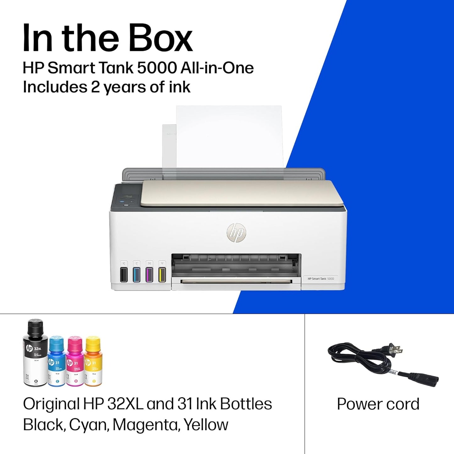 HP Smart Tank 5000 Wireless All-In-One Ink Tank Printer, Scanner, Copier with 2 Years of Ink Included, Best-For-Home, Cartridge-Free, Refillable and Ai-Enabled. (5D1B6A)