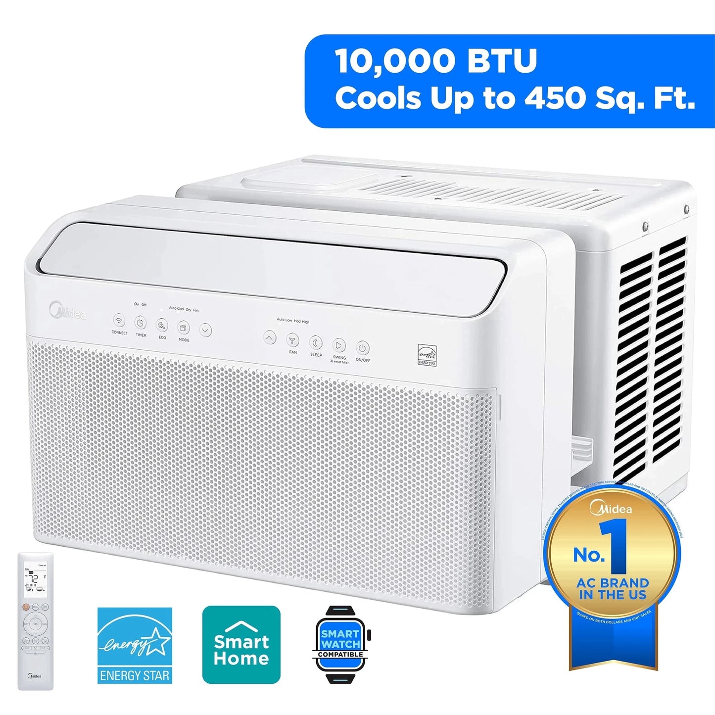 10,000 BTU Smart Inverter U-Shaped Window Air Conditioner – Energy Efficient AC Unit for 450 Sq Ft Room, White