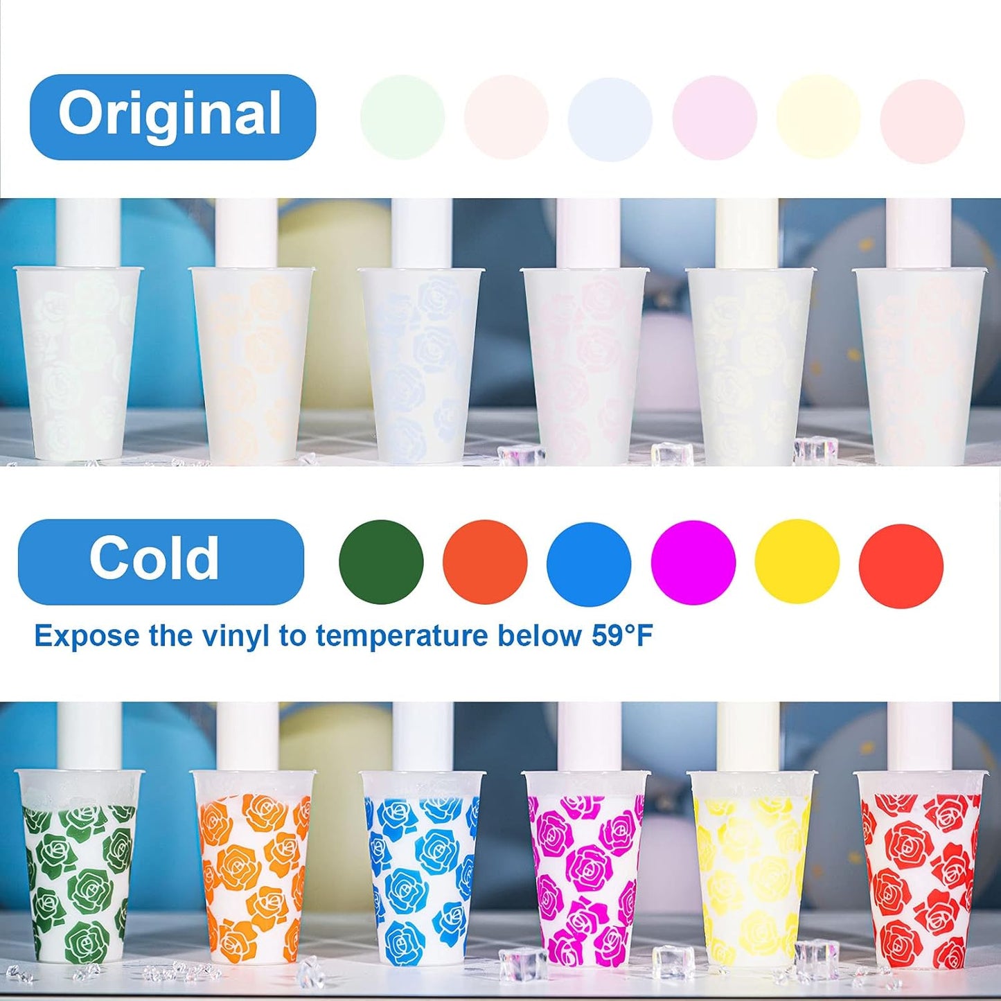 Cold Sensitive Color Changing Vinyl for Craft Cutter Adhesive Permanent Vinyl Sheets(Translucent to Blue, Red, Purple,Orange,Yellow,Green),12" X 12" 6 Sheets/Pack