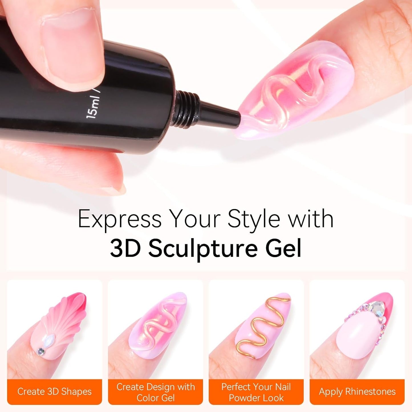Makartt 3D Gel Nail Art, Sculpting Gel Glue for Drawing, Molding, Sculpture, Gems and Decoration, No Wipe Clear Gel Polish for DIY Nail Designs, 15G