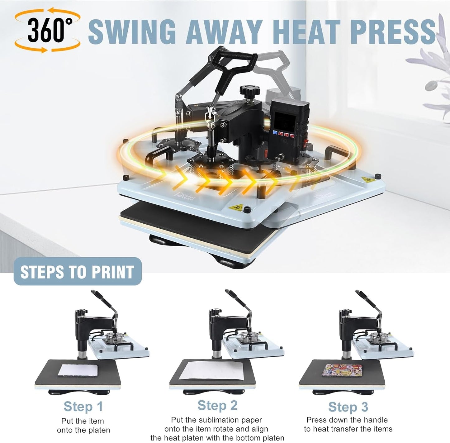 Heat Press Machine 12X15 Inch, 360° Swing Away 5 in 1 Heat Transfer Machine, Multifunctional Heat Transfer Press Machine with 30OZ Tumbler Attachment for Hat/Plate/T-Shirt/Mug, Blue