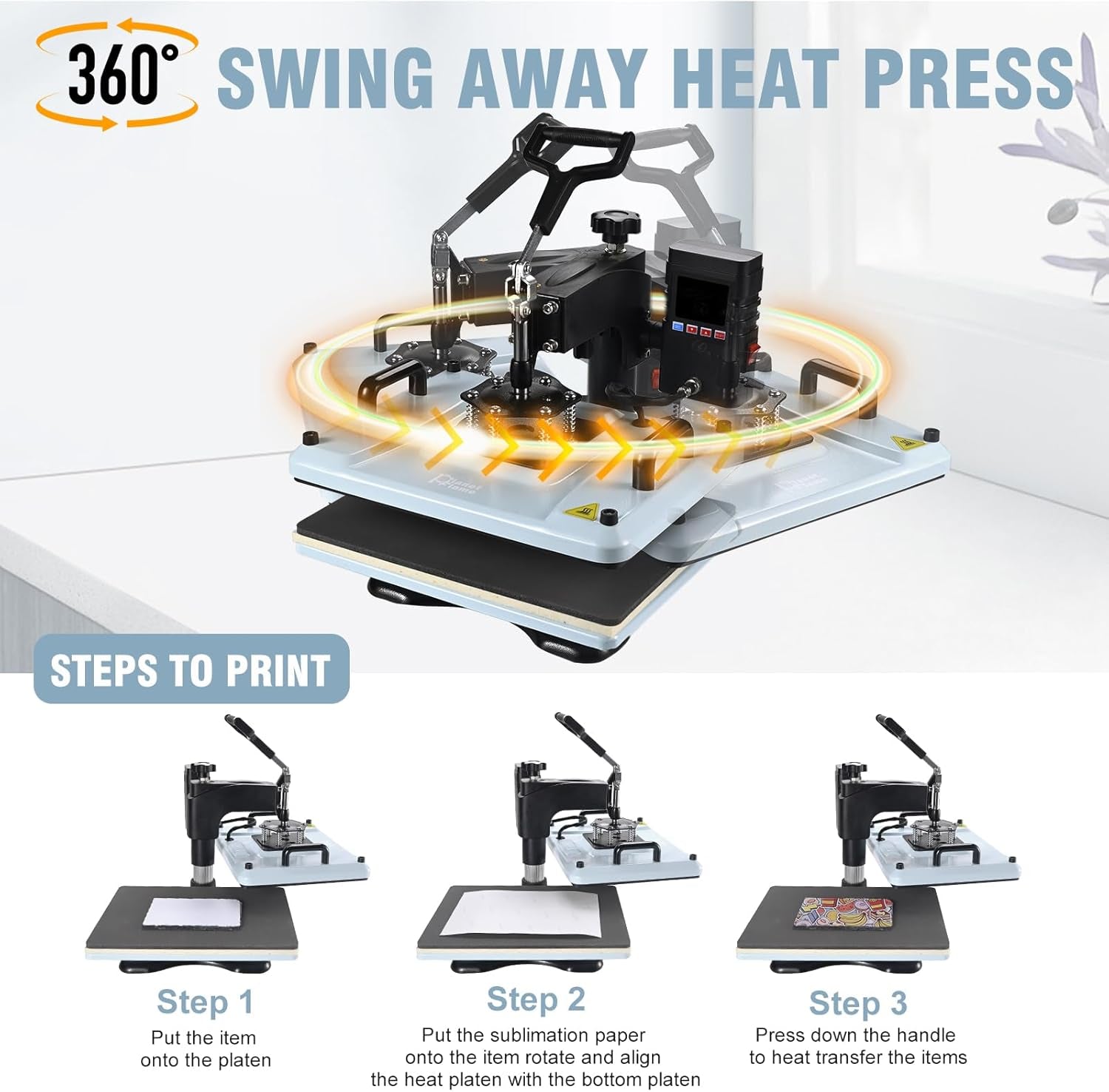 Heat Press Machine 12X15 Inch, 360° Swing Away 5 in 1 Heat Transfer Machine, Multifunctional Heat Transfer Press Machine with 30OZ Tumbler Attachment for Hat/Plate/T-Shirt/Mug, Blue