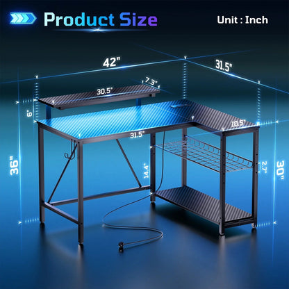 42" Reversible L-Shaped Gaming Desk: Equipped with Power Outlets, LED Lights, Adjustable Shelves & Hooks for Small Spaces ,Bedrooms & Offices, Carbon Fiber Black