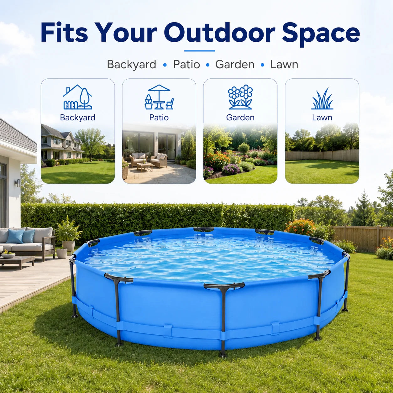 above Ground Swimming Pools, Large round Frame Outdoor Pool W/Sturdy Iron Support for Backyard, Patio & Garden, Easy Setup Family Pool for Kids and Adults Summer Water Fun
