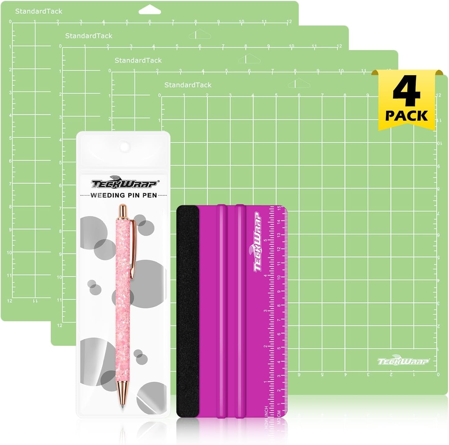 4 Pack 12"X12" Green Standard Adhesive Cutting Mats, with Precision Vinyl Pin Pen & 6 Inch Squeegee - Ideal for HTV, Vinyl, Quilting & Crafting, Compatible with Popular Cutting Machines