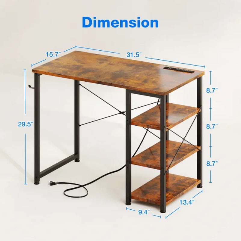 32 Inch Computer Desk with 3 Tier Shelves for Small Space, Small Table with Power Outlets, Vintage