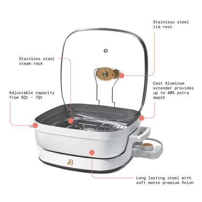 5 in 1 Electric Skillet - Expandable up to 7 Qt with Glass Lid, White Icing by Drew Barrymore