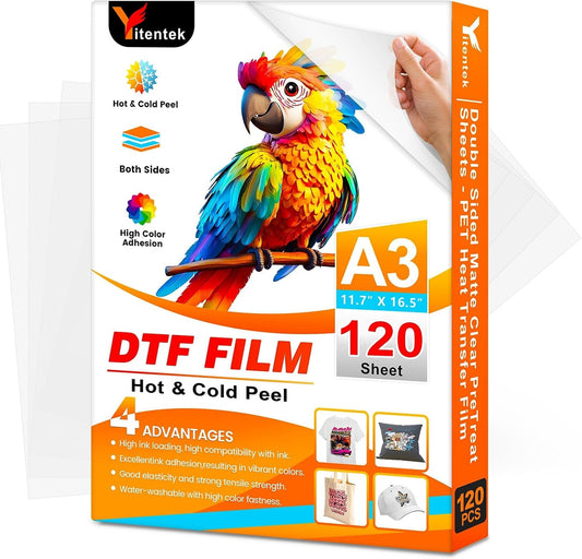 Yitentek A3 DTF Transfer Film, 11.7" X 16.5" Double Sided Matte Pretreat PET Heat Transfer Paper Sheets for DTF Inkjet Printer, DTF Paper Direct Print on T-Shirts Textile, Hot & Cold Peel, 120 Sheets