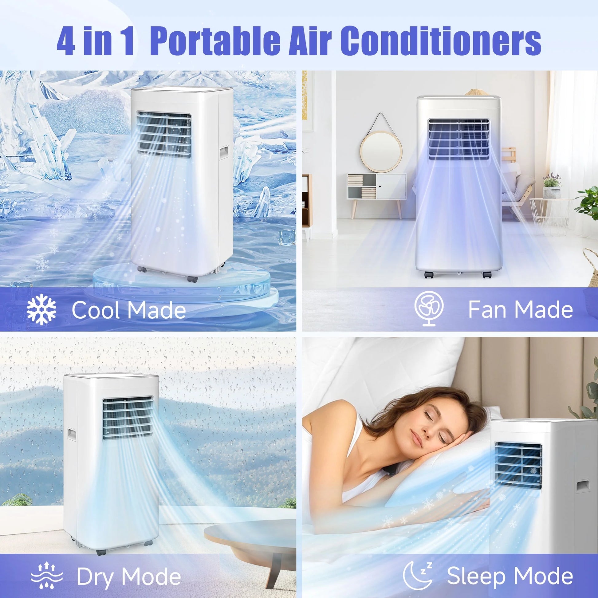 8500 BTU Portable Air Conditioners, 4 In1 Air Conditioner with Remote Control,Portable AC Cooling Range up to 360 Sq.Ft, Windows Kit,Brush,White