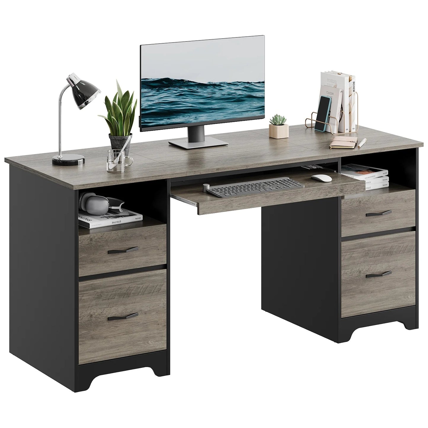 59” Computer Desk with 4 Drawers, Office Executive Desk with File Drawer, Keyboard Tray for Home Office, Gray