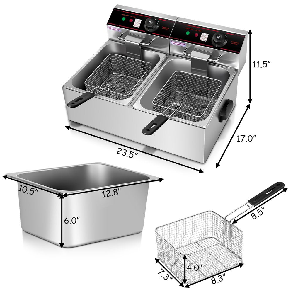 3400W Electric Countertop Deep Fryer Dual Tank Commercial Restaurant Steel